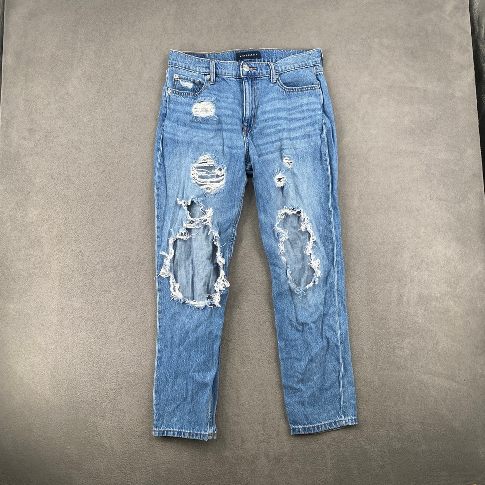 Aeropostale Mom Jeans Womens 8 Medium Wash Distressed Destroyed High Waist Denim